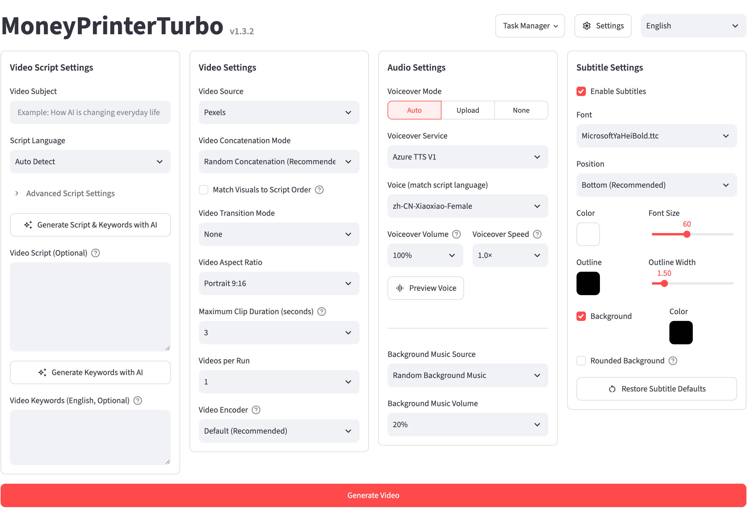 MoneyPrinterTurbo WebUI showing video-generation settings and task controls