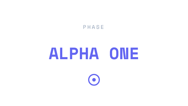 First golden baseline frame of the png-sequence fixture: the words PHASE and ALPHA ONE in indigo type above a circular icon on a transparent background