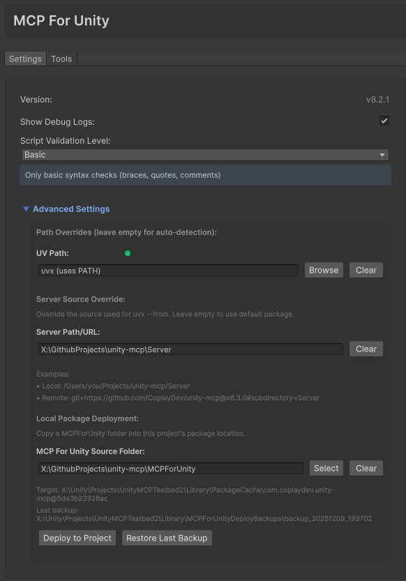 MCP For Unity editor window showing Version v8.2.1, a Basic script validation level, and an expanded Advanced Settings section whose remote server example is pinned to v6.3.0