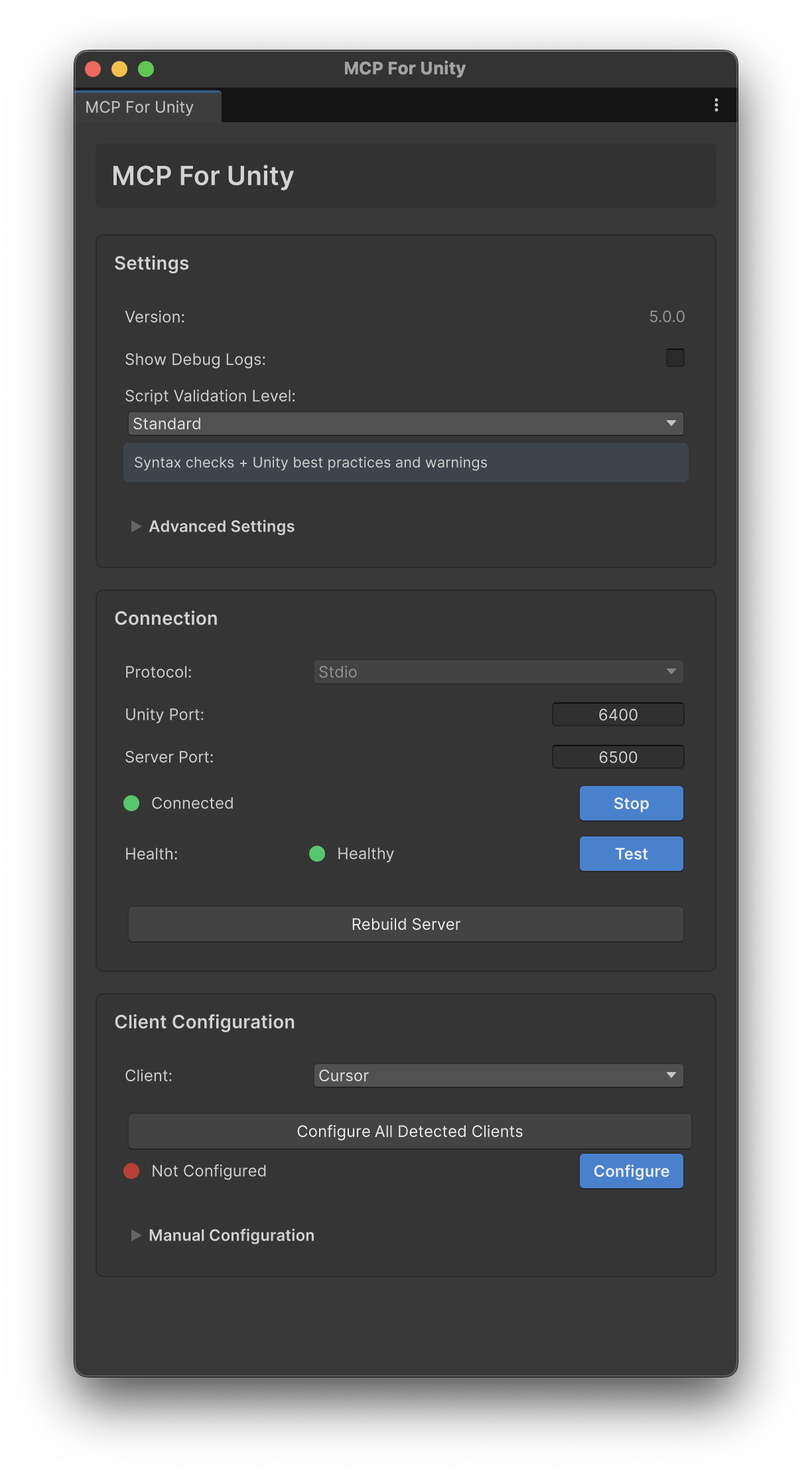 Dark-theme MCP For Unity window filed under the v6 documentation name but reporting Version 5.0.0, with a Stdio protocol, Unity port 6400, server port 6500 and a Rebuild Server button