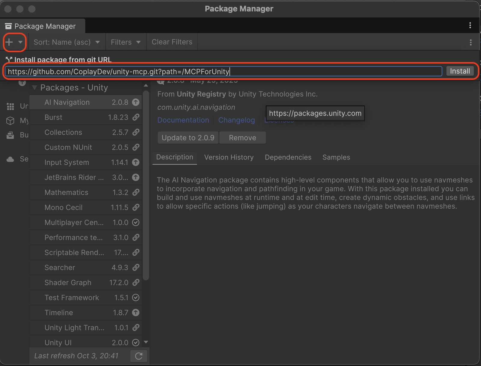 Unity Package Manager with the Install package from git URL field highlighted in red, containing the unity-mcp git URL with a MCPForUnity path parameter and no branch or tag fragment