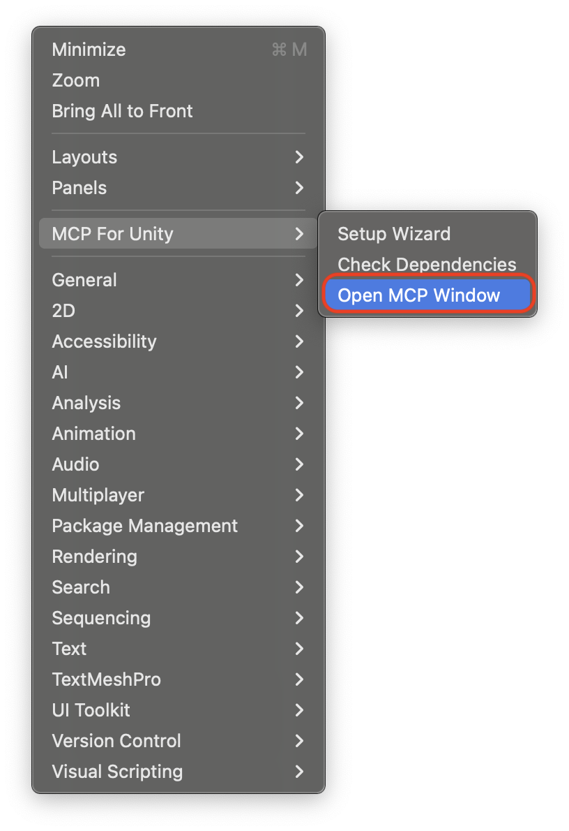 Unity Window menu expanded to the MCP For Unity submenu showing Setup Wizard, Check Dependencies and a highlighted Open MCP Window entry