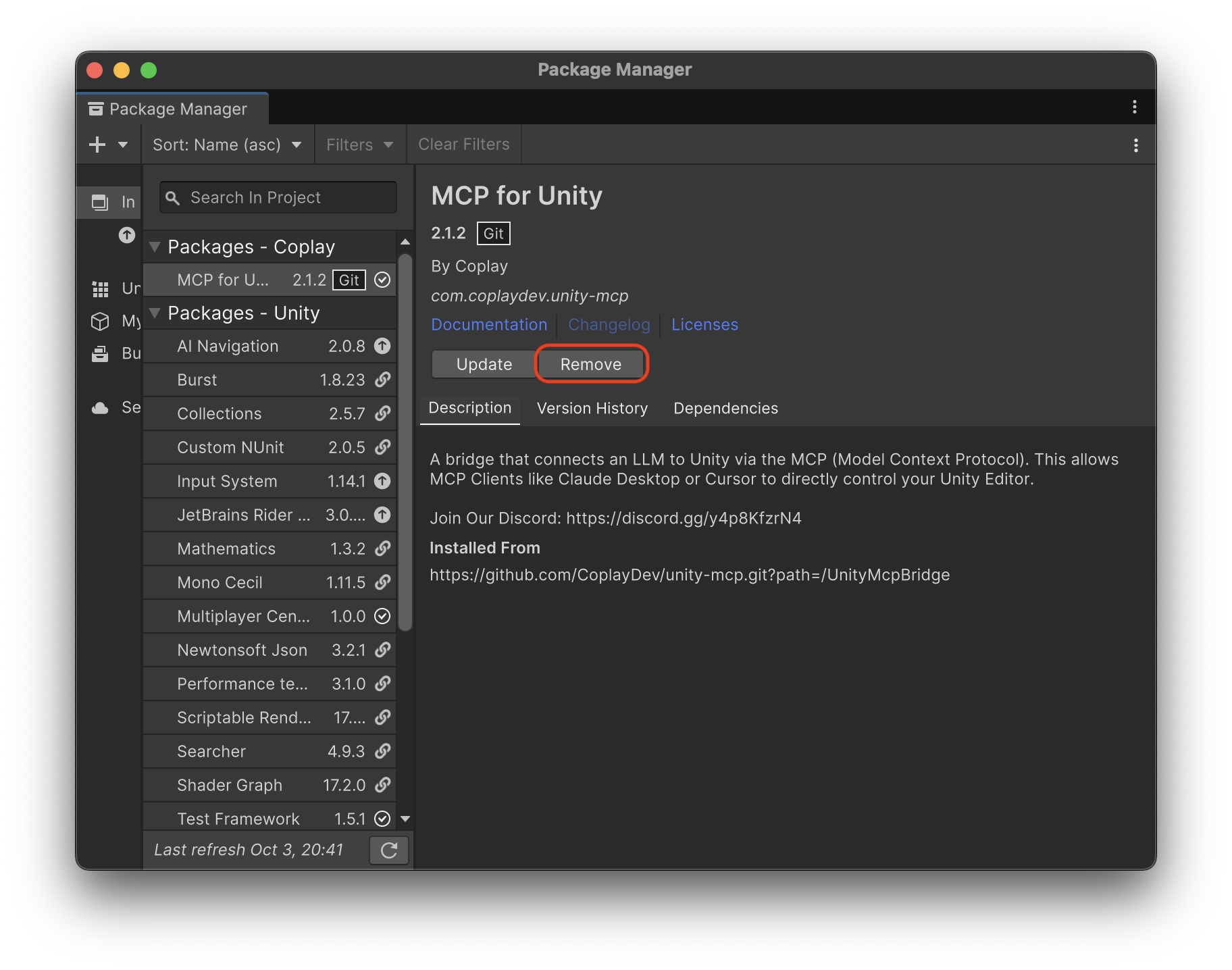 Unity Package Manager detail pane for MCP for Unity version 2.1.2 with the Remove button highlighted, and an Installed From line pointing at a UnityMcpBridge path parameter