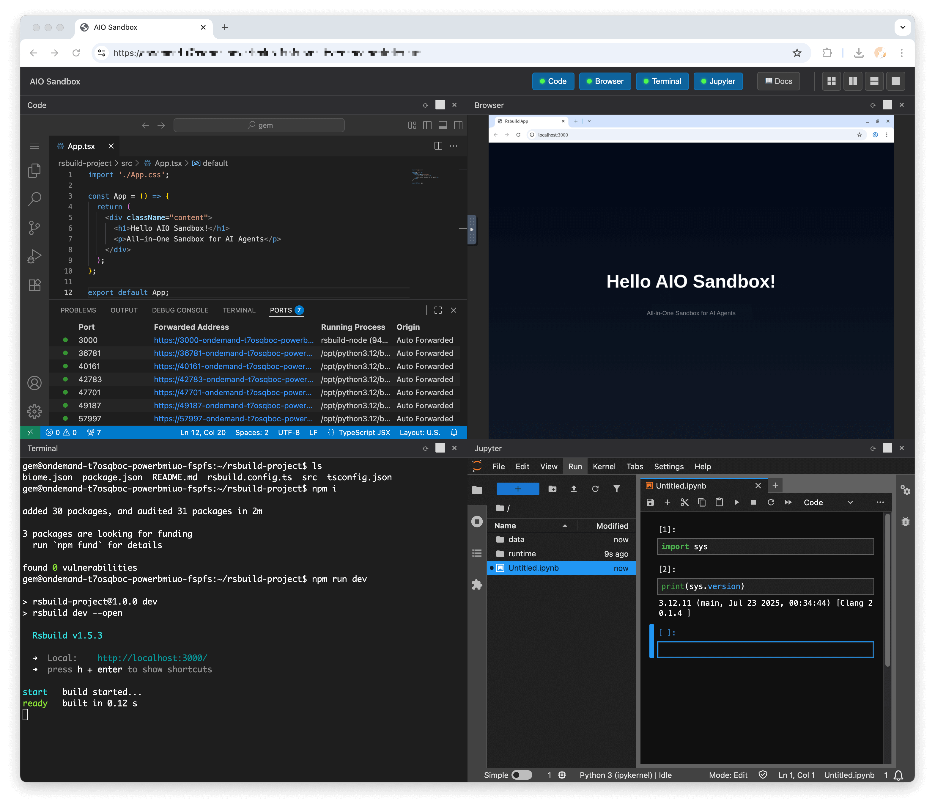 AIO Sandbox four-pane workspace with a VS Code editor, a browser preview rendering Hello AIO Sandbox, a web terminal running npm commands, and a Jupyter notebook, with auto-forwarded ports listed in the editor panel