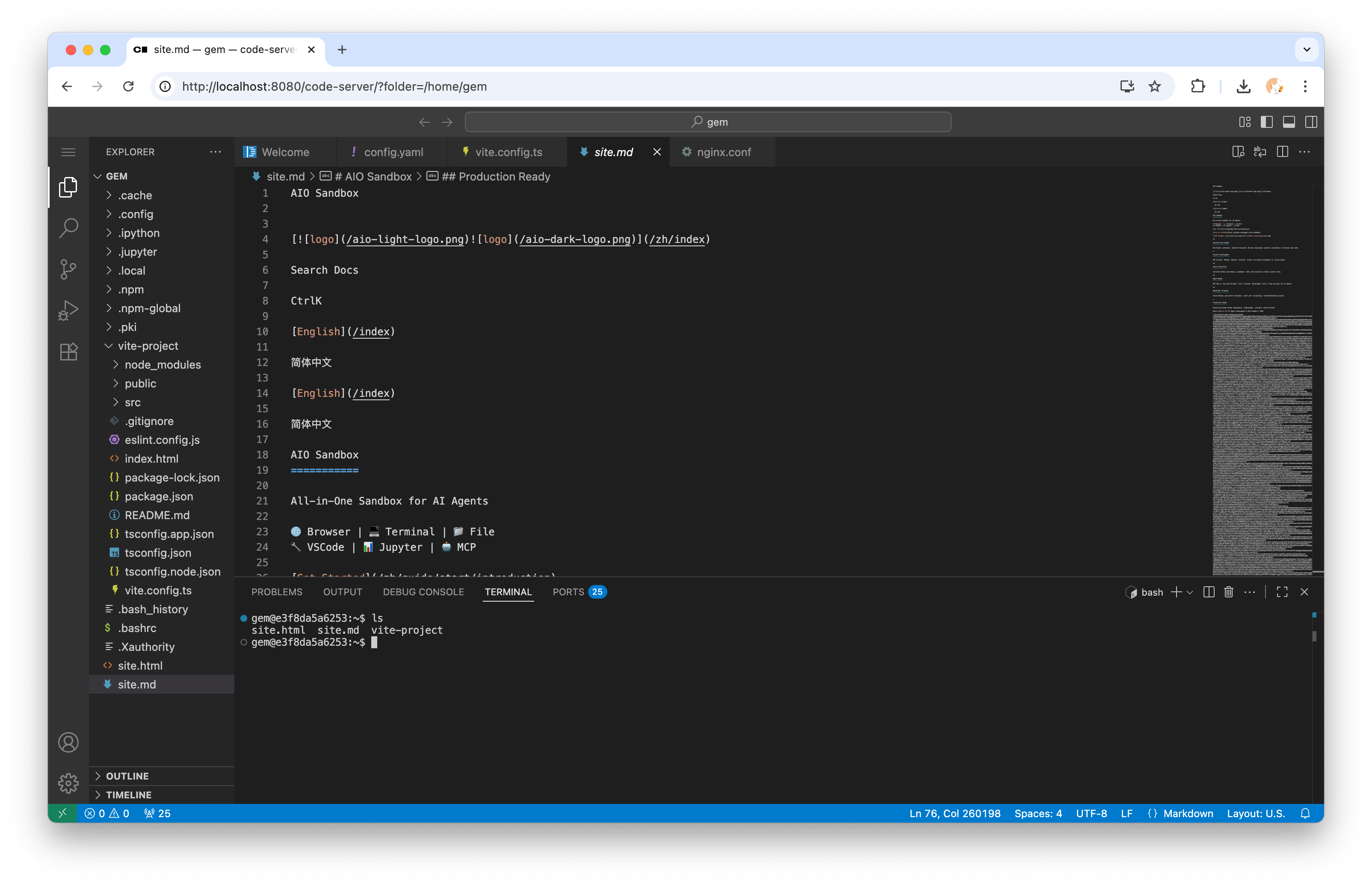 VS Code for the Web served from localhost:8080/code-server showing the workspace file tree, an open site.md file, and tabs including config.yaml, vite.config.ts and nginx.conf