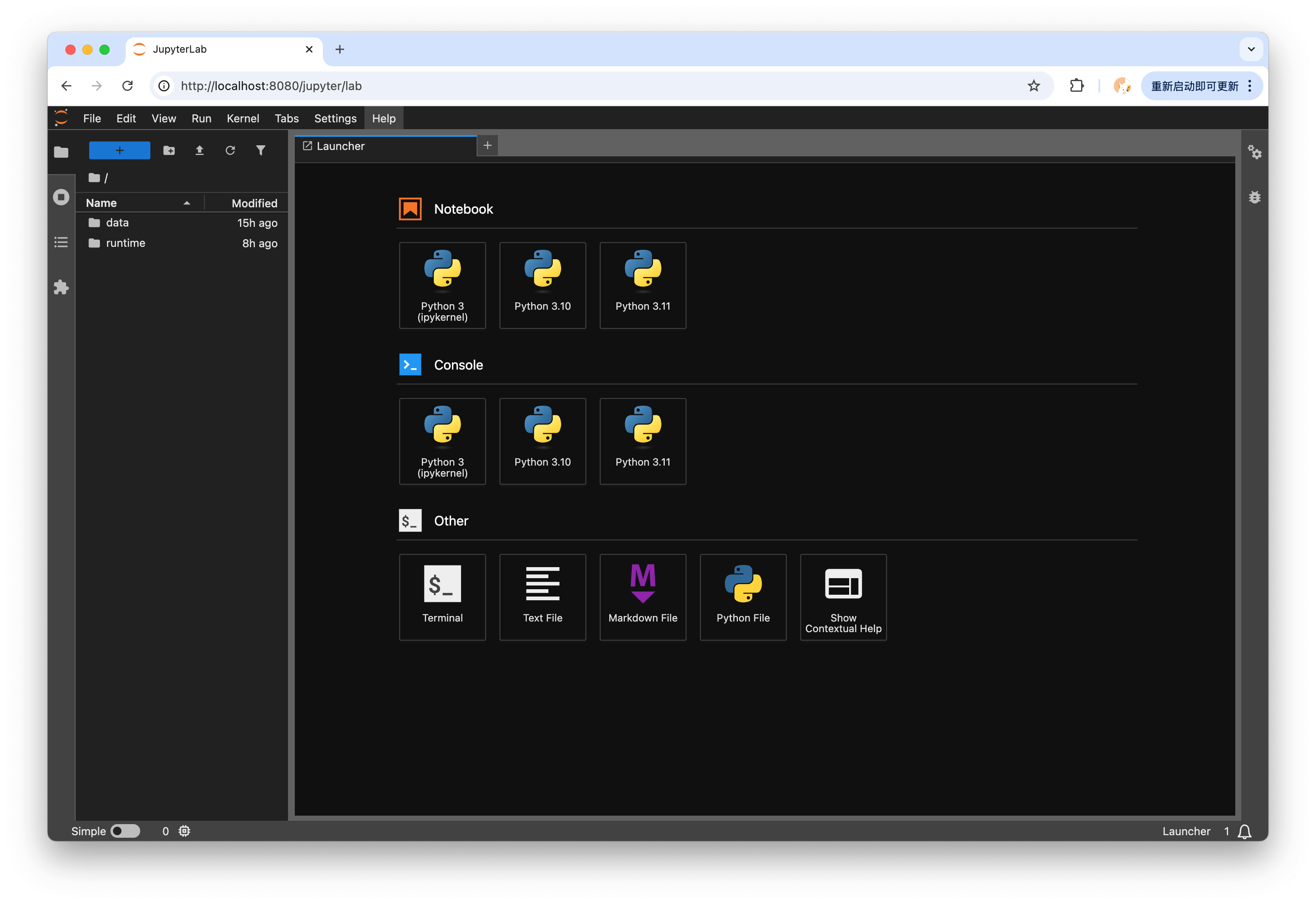 JupyterLab served from localhost:8080/jupyter/lab showing the launcher with Python 3, Python 3.10 and Python 3.11 notebook and console kernels