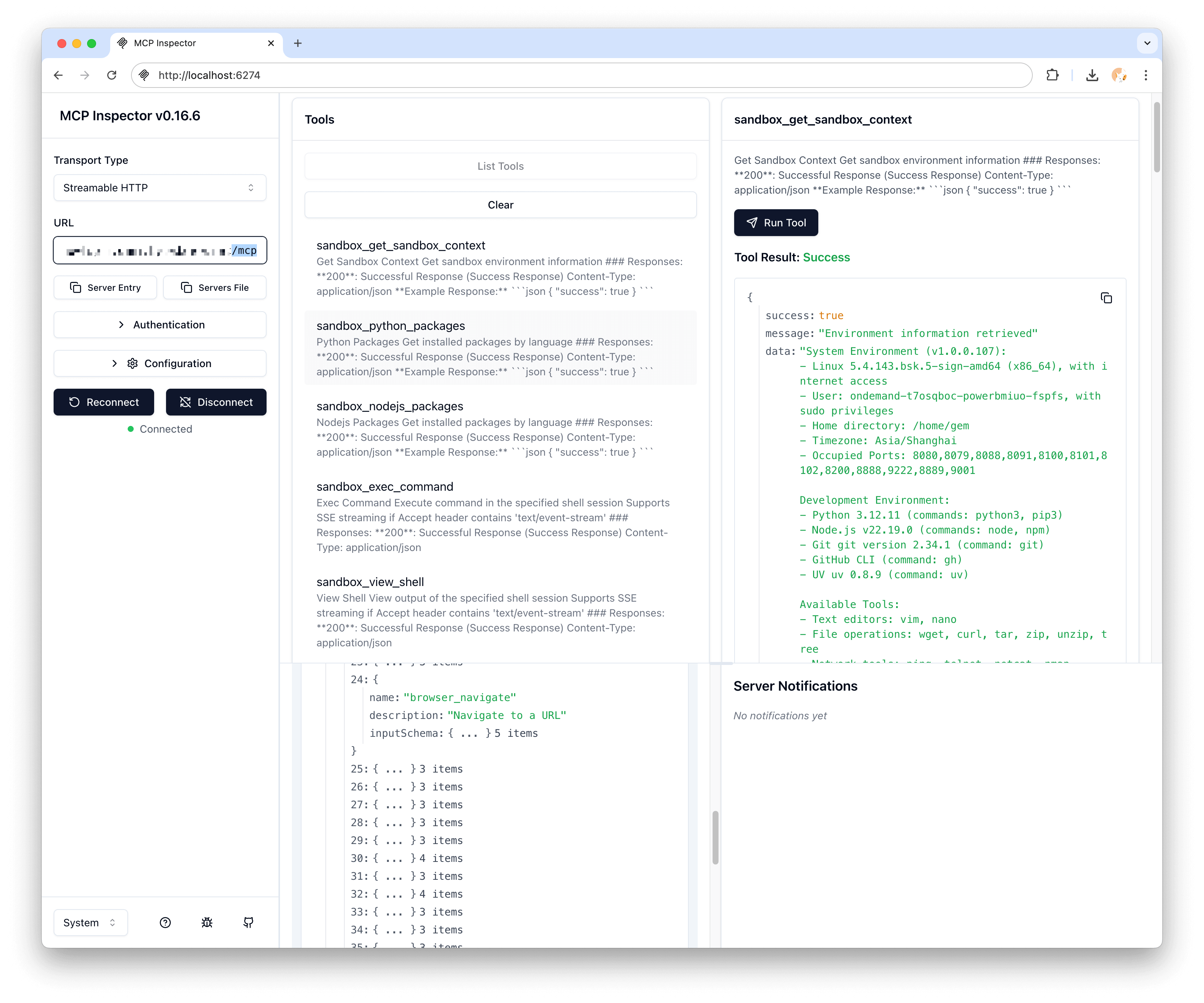 MCP Inspector v0.16.6 connected to the sandbox over Streamable HTTP, listing tools including sandbox_get_sandbox_context, sandbox_exec_command and sandbox_view_shell, with a successful tool result reporting the runtime user with sudo privileges and a list of occupied ports