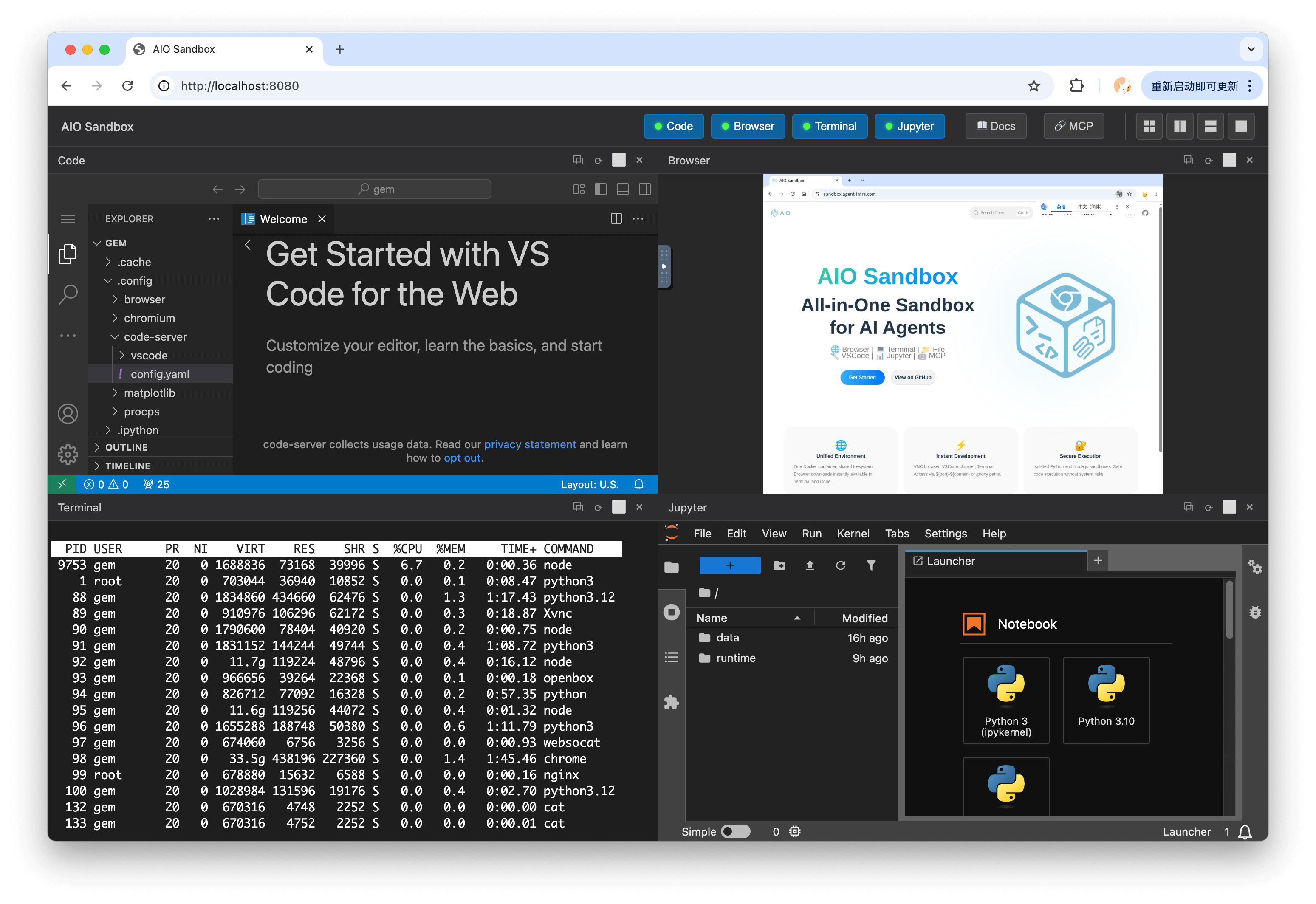 AIO Sandbox quad dashboard at localhost:8080 with a code-server Welcome tab, the product landing page in the embedded browser, a web terminal running top with node, chrome, nginx and python processes, and a Jupyter launcher