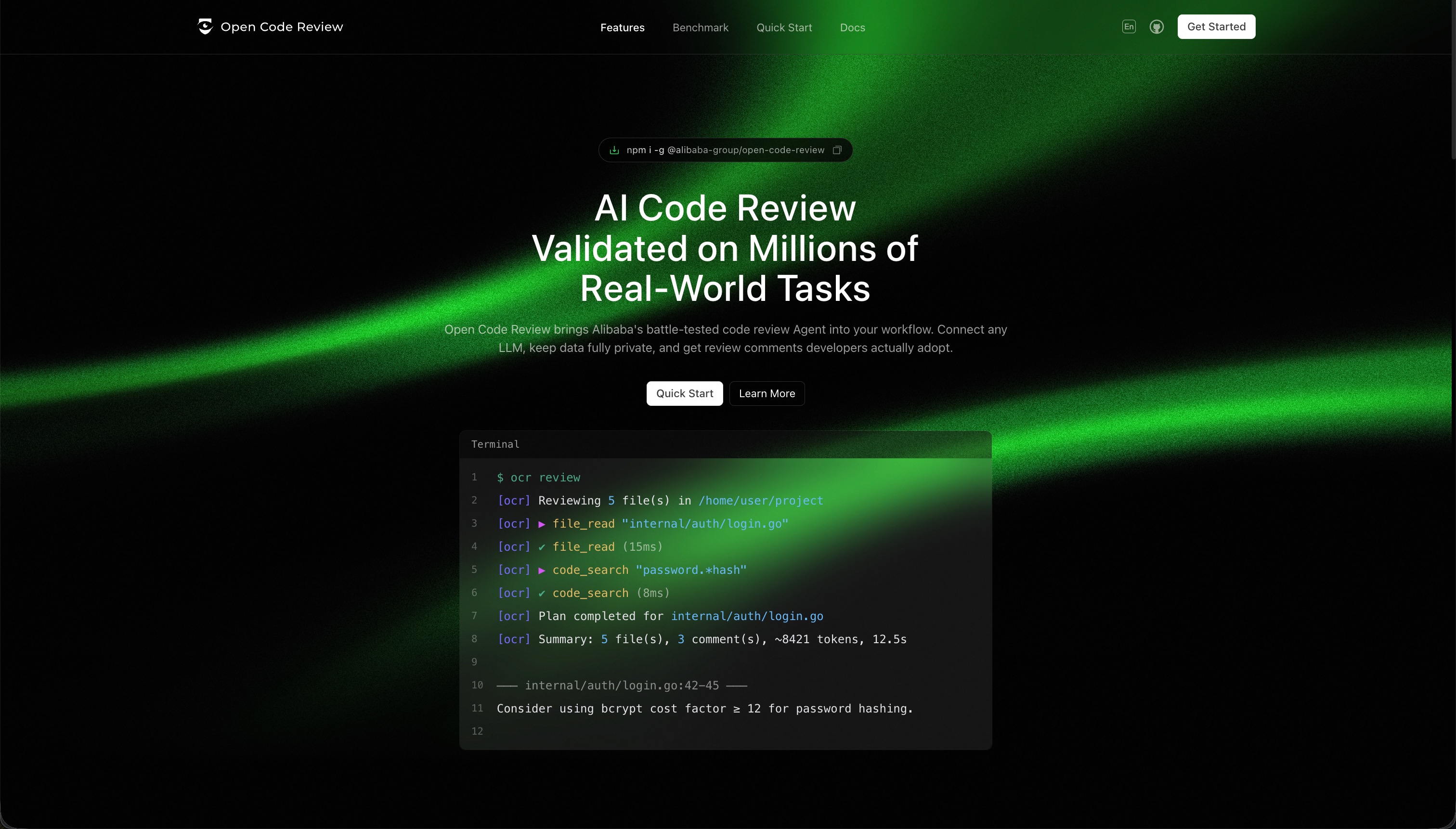 Landing-page screenshot of open-code-review showing a terminal running a review inside a project directory.
