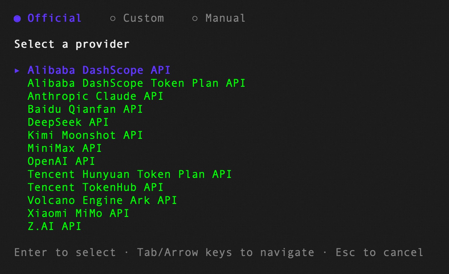 Terminal screenshot of the open-code-review provider selection prompt listing OpenAI-compatible and Anthropic-compatible endpoints.