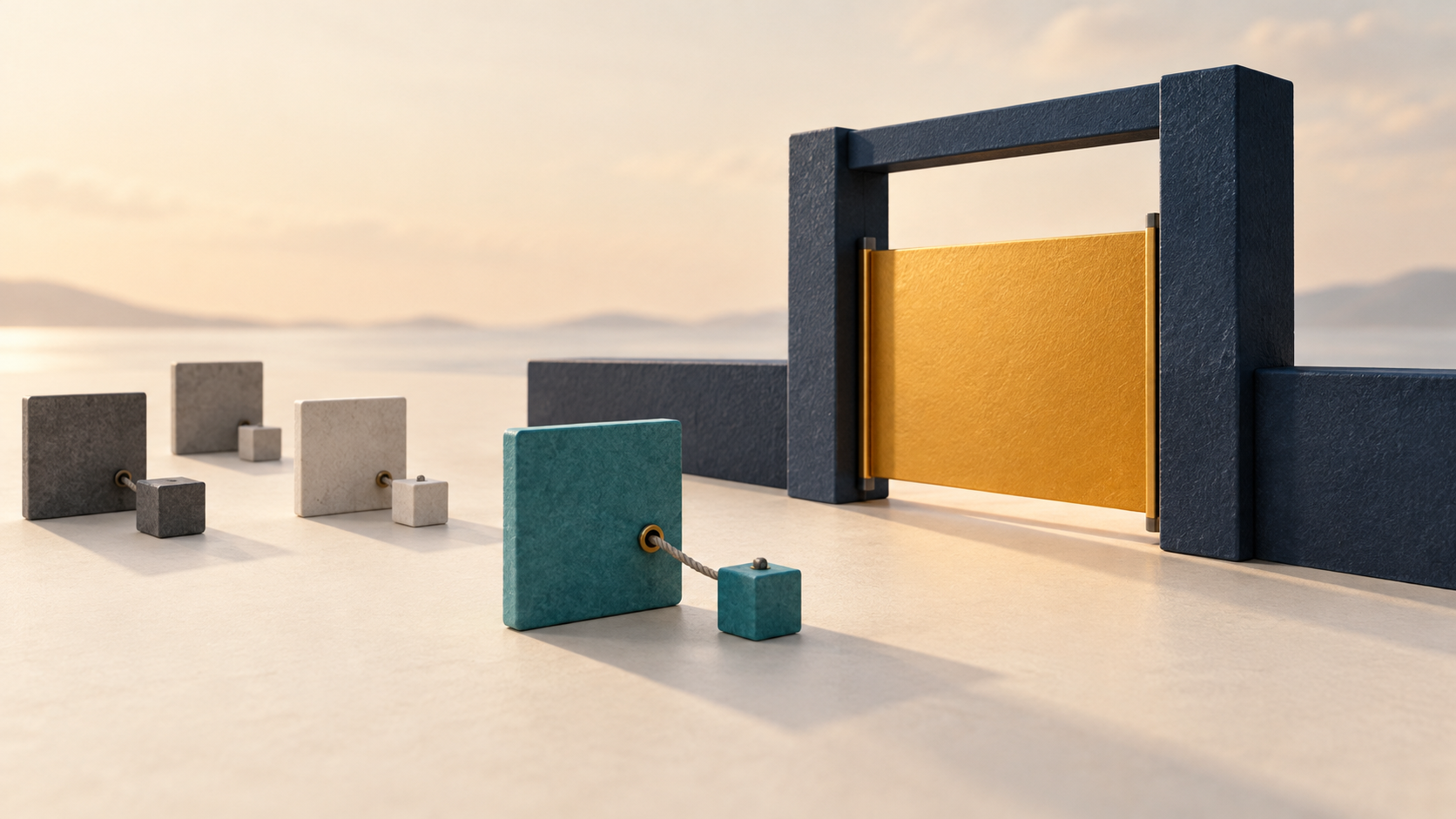 AI-generated conceptual illustration of a teal tile tethered to its own weight before a closed amber gate, with other pairs apart.